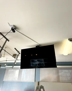 TV mounting on garage ceiling and on-wall cable concealment, Cupertino, 3/22/2022